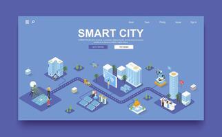 inteligente ciudad concepto 3d isométrica aterrizaje página modelo. personas En Vivo en rascacielos con inteligente automatización sistema y futurista infraestructura. vector ilustración en isometria gráfico diseño.