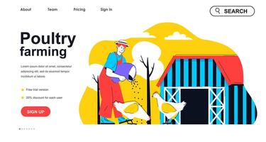 Poultry farming concept for landing page template. Farmer feeding chickens and works on farm. Aviculture and agribusiness people scene. Vector illustration with flat character design for web banner