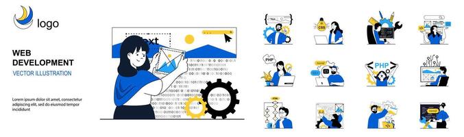 Web development concept with character situations collection. Bundle of scenes people design websites and homepages, work with code, place elements and content. Vector illustrations in flat web design