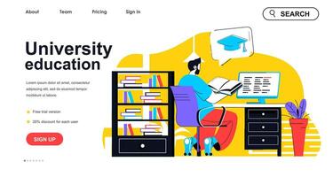 University education concept for landing page template. Man reads book, preparing for final exams. Graduation and diploma people scene. Vector illustration with flat character design for web banner