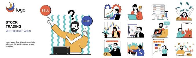 Stock trading concept with character situations collection. Bundle of scenes people analyzing financial statistics, making market research and investing money. Vector illustrations in flat web design