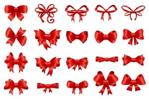 Red bows set graphic elements in flat design. Bundle of different types of decorative silk or satin bows for gifts, wrapping invitation and decorating presents. Vector illustration isolated objects