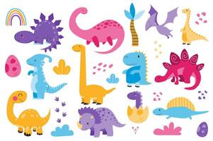 Cute dinosaurs set graphic elements in flat design. Bundle of childish colorful triceratops, brontosaurus, stegosaurus, pterosaur, tyrannosaurus and other dinos. Vector illustration isolated objects