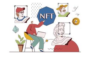 Crypto art with NFT concept with character situation in flat design. Man collects digital artworks and invests money by buying pictures on marketplace. Vector illustration with people scene for web