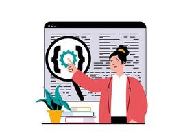 Programming software concept with character situation. Woman working with code at screen, fixing bugs and engineering program process. Vector illustration with people scene in flat design for web