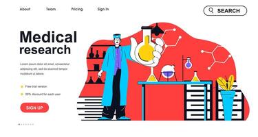 Medical research concept for landing page template. Laboratory assistant make tests in flasks in lab. Pharmacy and medicine people scene. Vector illustration with flat character design for web banner