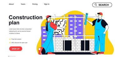 Construction plan concept for landing page template. Woman and man works as architects and review blueprints. Real estate people scene. Vector illustration with flat character design for web banner