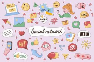 Social network cute stickers set in flat cartoon design. Collection of like, email, message bubble, emoticon, link, share, swipe, blog and other. Vector illustration for planner or organizer template