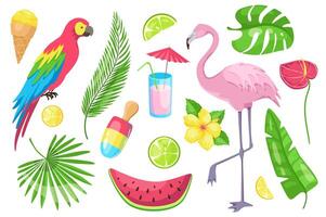 Summertime set graphic elements in flat design. Bundle of ice cream, parrot, palm leaves, lemon, lime, cocktail, flamingo, watermelon, tropical flowers and other. Vector illustration isolated objects