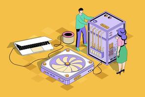 datos centrar concepto en 3d isométrica diseño. técnico equipo trabajando en servidor habitación, mantiene y control S de hardware sistema procesos. vector isometria ilustración con personas escena para web gráfico