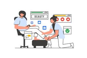 Beauty salon outline web concept with character scene. Woman getting procedure of foot massage in spa. People situation in flat line design. Vector illustration for social media marketing material.