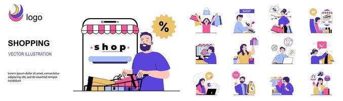 Shopping concept with character situations collection. Bundle of scenes people buy goods online, order and receive purchases, paying in mobile application. Vector illustrations in flat web design