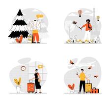 Traveling concept with character set. Collection of scenes people with luggage flight and go on vacation, hiking in forest and sightseeing trip, making selfie. Vector illustrations in flat web design