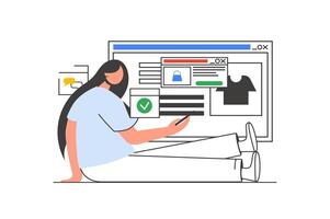 en línea compras contorno web concepto con personaje escena. mujer elegir bienes y haciendo compras personas situación en plano línea diseño. vector ilustración para social medios de comunicación márketing material.