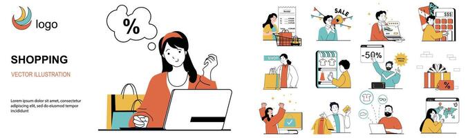 compras concepto con personaje situaciones recopilación. haz de escenas personas hacer compras en línea y en almacenar, comprar a ventas con descuentos y pagar cheques vector ilustraciones en plano web diseño