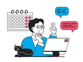 Freelance concept with character situation. Freelancer plans work processes on calendar, communicates with customers online from home. Vector illustration with people scene in flat design for web