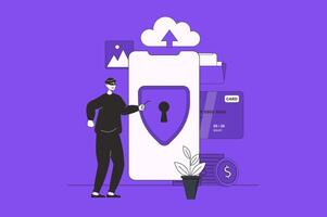 Fraud protection web concept with character scene in flat design. People using cyber security technology for protecting from hacker attacks. Vector illustration for social media marketing material.