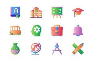 School icons set in color flat design. Pack of book reading, textbook, building, blackboard, graduation hat, bus, thinking, student head, bell and other. Vector pictograms for web sites and mobile app