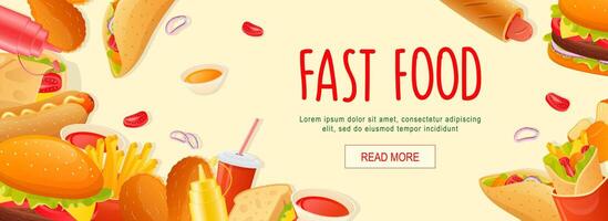 Fast food horizontal web banner. Taco, hot dog, hamburger, cola, sandwich, french fries, ketchup, mustard and other snacks. Vector illustration for header website, cover templates in modern design