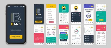 Banking mobile app screens set for web templates. Pack of login, financial account, personal balance, money transfers and other mockups. UI, UX, GUI user interface kit for layouts. Vector design