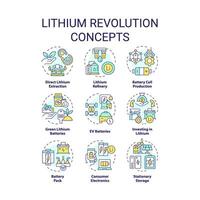 Lithium revolution multi color concept icons. Battery manufacturing, usability. Efficiency energy solution. Icon pack. Vector images. Round shape illustrations for brochure, booklet. Abstract idea