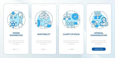 Holacracy benefits blue onboarding mobile app screen. Distribute roles walkthrough 4 steps editable graphic instructions with linear concepts. UI, UX, GUI template vector