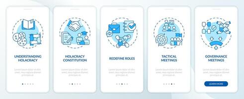 Strategy implementing blue onboarding mobile app screen. Holacracy walkthrough 5 steps editable graphic instructions with linear concepts. UI, UX, GUI template vector