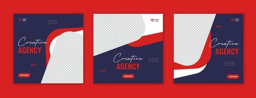 Set of red corporate social media post design, unique shape square template layout vector