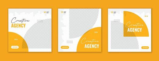 Set of yellow corporate social media post design, Semi round shape square template layout vector