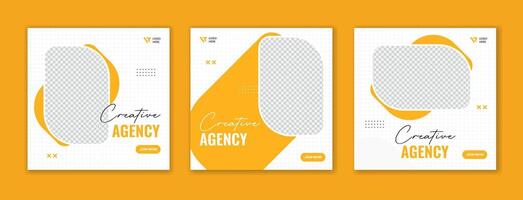 Set of yellow corporate social media post design, unique shape square template layout vector