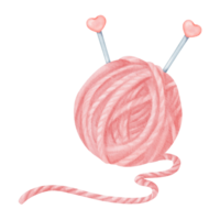 An isolated watercolor illustration featuring a pink yarn spool. Embedded in the spool are knitting needles, adorned with plastic pink hearts. Comprised of wool and cotton strands png