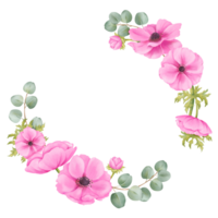 A vibrant circular frame composed of pink anemones, lush greenery, and delicate eucalyptus branches. for invitations, greeting cards, posters, and social media graphics, touch of elegance and charm png