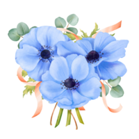 A bouquet of watercolor blue anemones adorned with eucalyptus leaves and satin ribbons. Ideal for wedding stationery, event invitations, botanical artwork, artistic projects and decorative crafts png