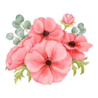 ein Aquarell Komposition Rosa Anemone Blumen, frisch Grün, und Eukalyptus Blätter, zum Hochzeit Einladungen, Gruß Karten, mit Blumenmotiv Marke, Kunst Drucke, Digital Tapeten und Zuhause Dekor png