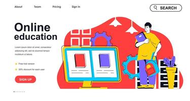 Online education concept for landing page template. Student studies at university using computer. Remote learning at home people scene. Vector illustration with flat character design for web banner