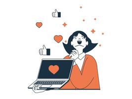 Internet addiction concept with character situation. Excited woman has networking unhealthy habit, getting likes and comments on her post. Vector illustration with people scene in flat design for web