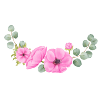 watercolor depiction a half-moon composition of pink anemones, vibrant foliage, and eucalyptus leaves, suitable for creating stunning greeting cards, botanical prints or digital wallpapers png