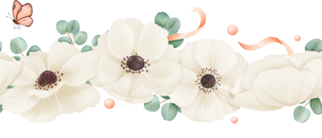A seamless border delicate white anemones, eucalyptus leaves, adorned with ribbons, rhinestones and butterflies. watercolor illustration for wedding invitations, greeting cards or design projects png