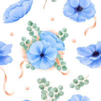 een naadloos patroon waterverf bloemen. blauw anemonen, satijn linten, sprankelend steentjes eucalyptus bladeren. voor kleding stof afdrukken, digitaal achtergronden, schrijfbehoeften ontwerpen, en decoratief kunstwerken png