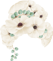 A woman's hairstyle adorned with delicate ivory watercolor anemones, suitable for images catering to bridal, beauty, fashion, and botanical themes png