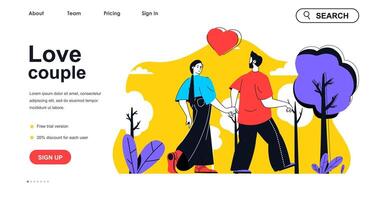 Love couple concept for landing page template. Happy man and woman holding hands and walking in park. Loving relationships people scene. Vector illustration with flat character design for web banner