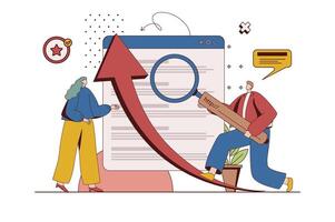 Seo optimization concept with character situation in flat design. Man and woman select keywords and work with search queries, increase site ranking. Vector illustration with people scene for web