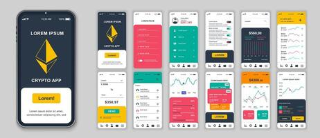 Crypto mobile app screens set for web templates. Pack of login, financial account, monitoring balance, exchange, investment, other mockups. UI, UX, GUI user interface kit for layouts. Vector design