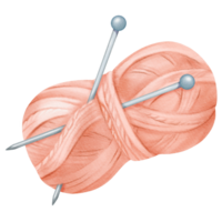 An isolated watercolor illustration featuring a pink yarn spool. Embedded in the spool are steel knitting needles. wool and cotton. for crafting enthusiasts, knitting tutorials, DIY-themed designs png