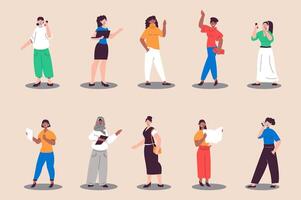 Businesswoman people set in flat design. Happy women making business calls, doing tasks, negotiation in office. Bundle of diverse multiracial characters. Vector illustration isolated persons for web