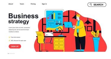 Business strategy concept for landing page template. Man analyzes data, planning project, finding solution and innovation people scene. Vector illustration with flat character design for web banner