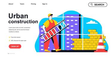 Urban construction concept for landing page template. Man building brick wall, working and constructing house. Real estate people scene. Vector illustration with flat character design for web banner