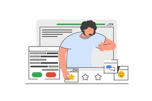 virtual asistente contorno web concepto con personaje escena. hombre respondiendo a clientela mensajes y llamadas personas situación en plano línea diseño. vector ilustración para social medios de comunicación márketing material.