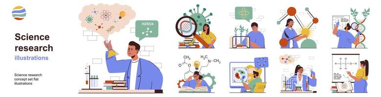 Science research concept with character situations collection. Bundle of scenes people making chemical experiments, study microbiology or viruses, create drugs. Vector illustrations in flat web design