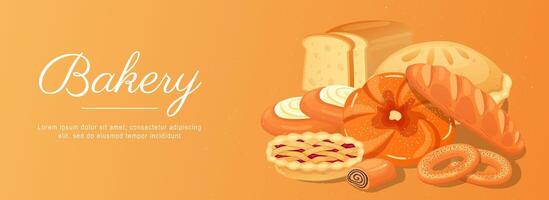 Bakery horizontal web banner. Fresh bread, cherry pie, cakes, long loaf, rolls, bagels, other pastry and wheat flour products. Vector illustration for header website, cover templates in modern design